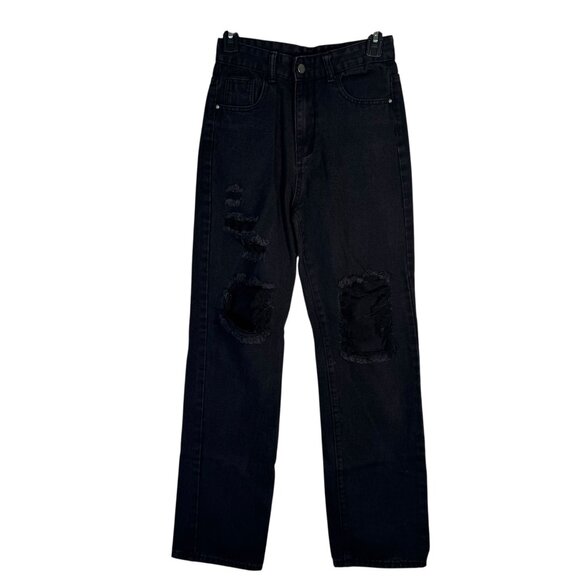 Shein Black Distressed Mom High Waisted Jeans Pants Straight Leg Grunge Punk S - Picture 1 of 7